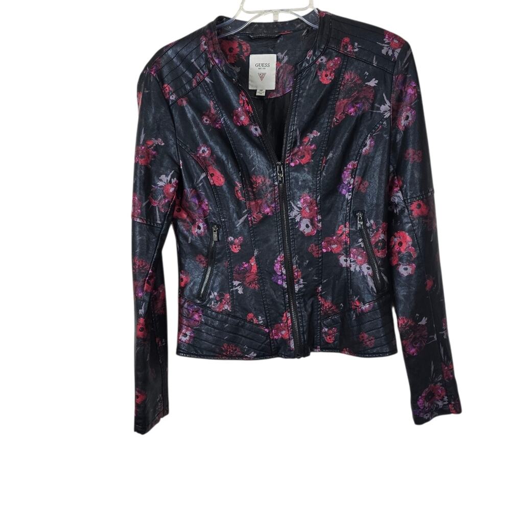 Guess Black Floral Faux Leather Moto Jacket with Pink & Red Flowers